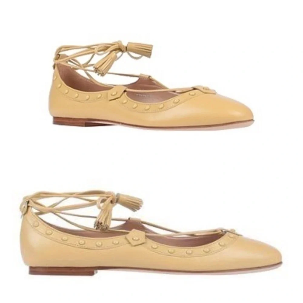 Tod’s Lace Up Studded Ballet flats, pale yellow leather, size 7 NIB